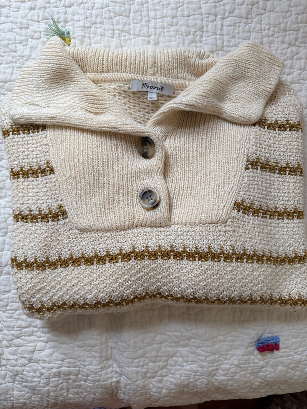 Madewell Cream Knit Polo Sweater with Gold-Brown Stripes